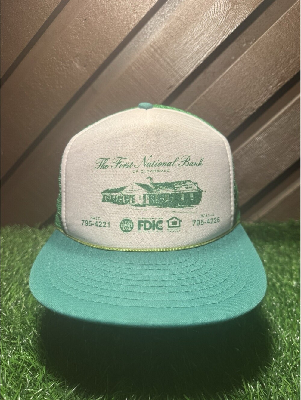 Vintage 80s First National Bank of Cloverdale Green Trucker Hat Speedway Tag CA